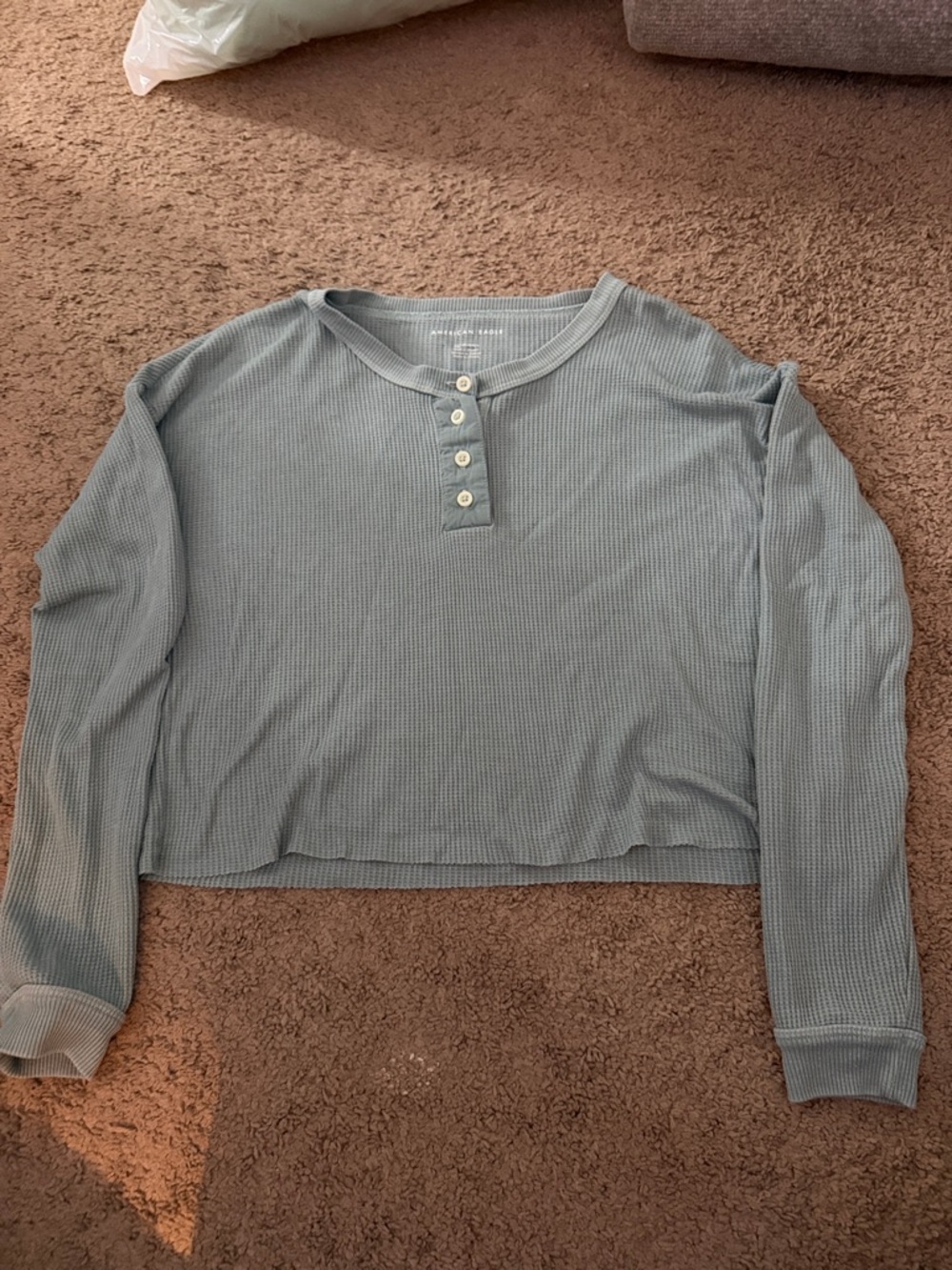 American Eagle Outfitters Light Blue Cropped Waffle Henley Long Sleeve
